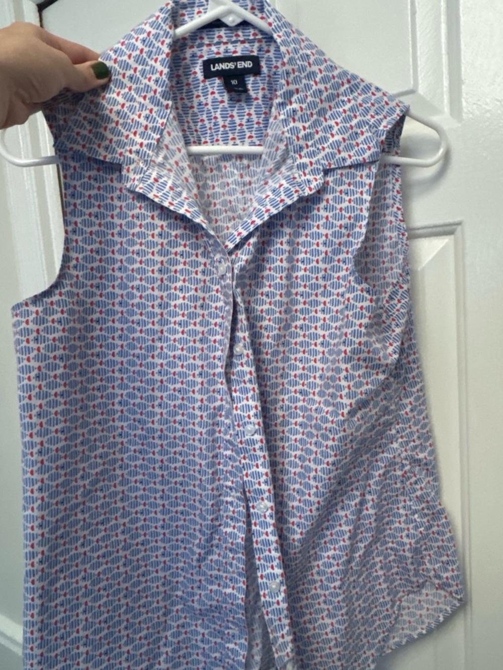 Lands' End Sleeveless Button-Down Shirt in Blue and Red Micro-Print